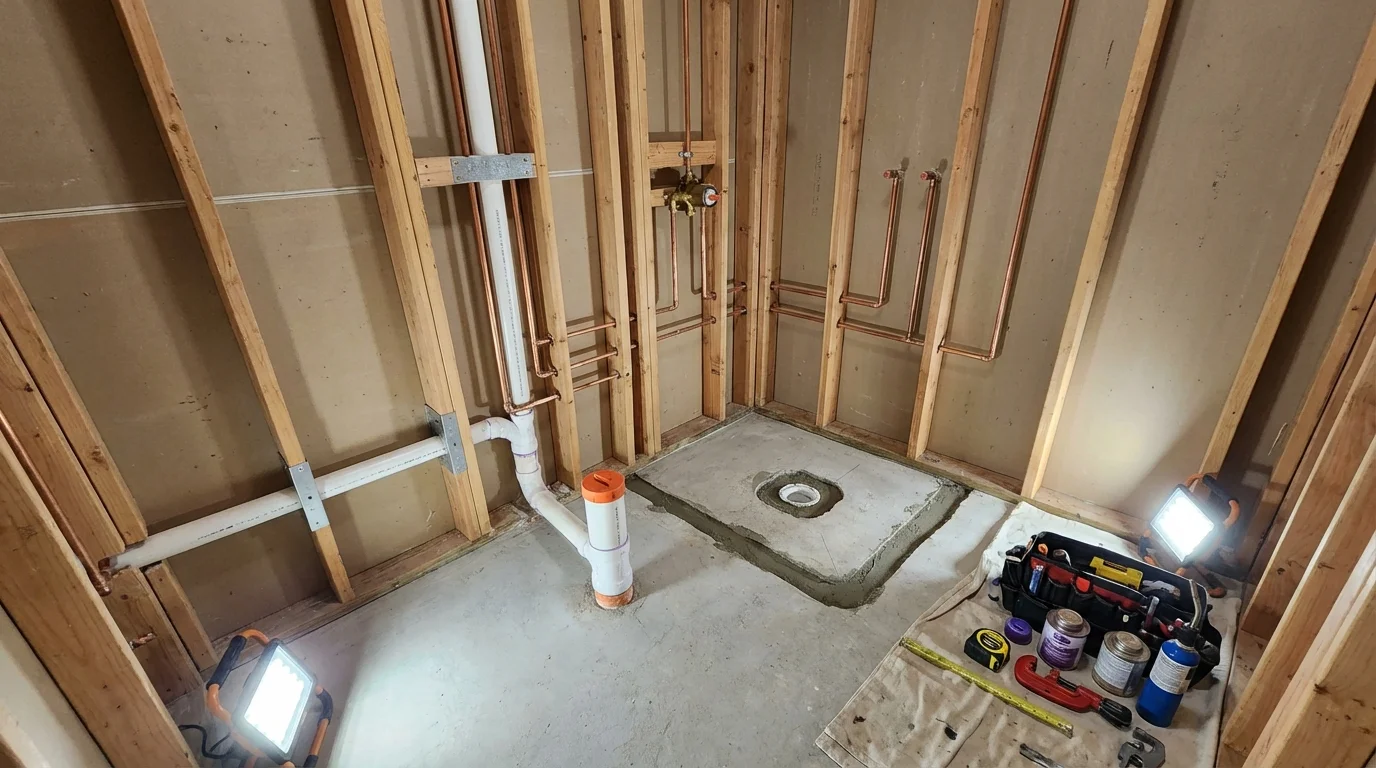 Bathroom rough-in plumbing during remodel by Johns Plumbing LLC in Kittanning