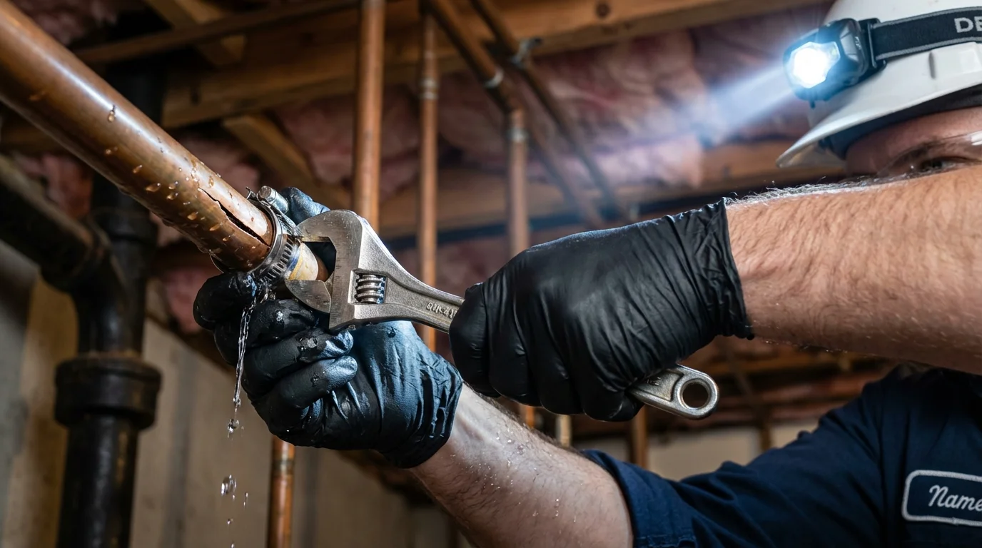 Emergency pipe clamp repair being performed by a Johns Plumbing LLC plumber in Kittanning
