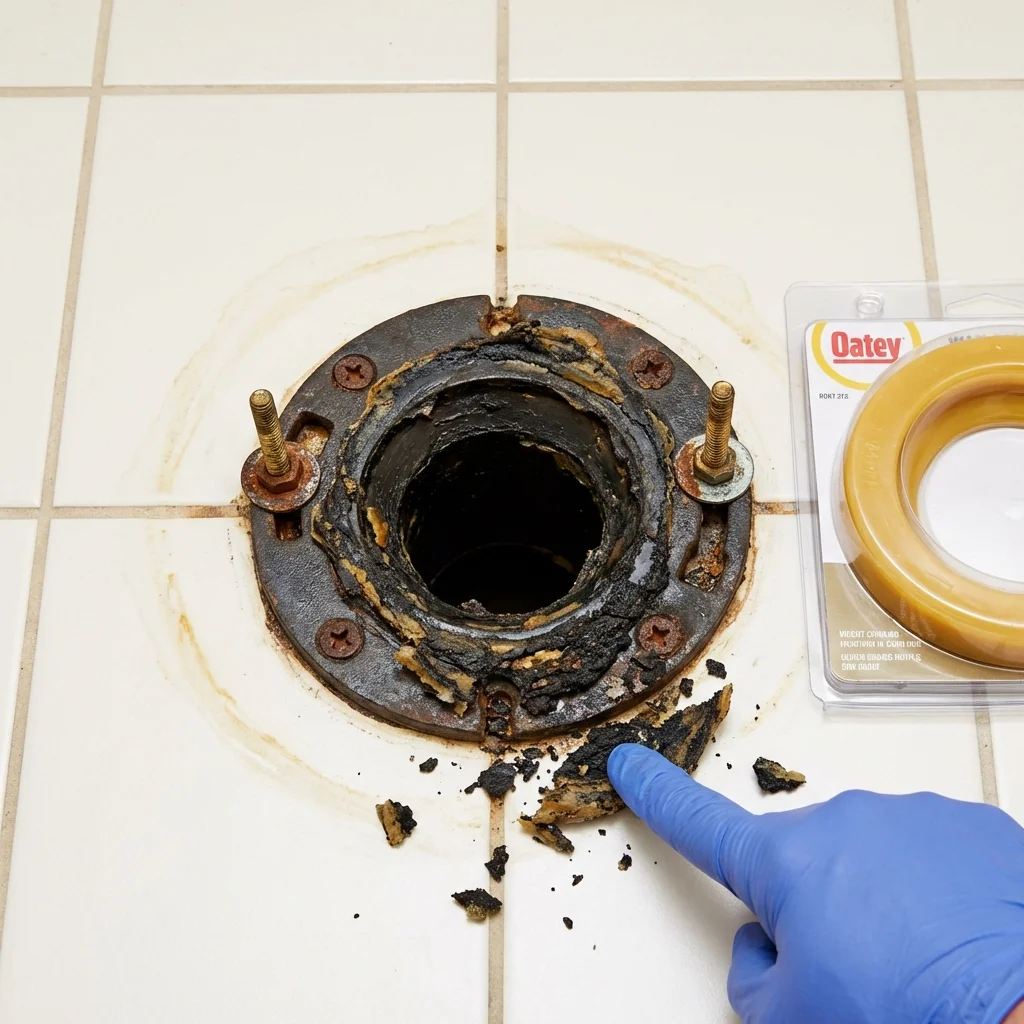 Failed wax ring showing water seepage at the base of a toilet in a Kittanning, PA home