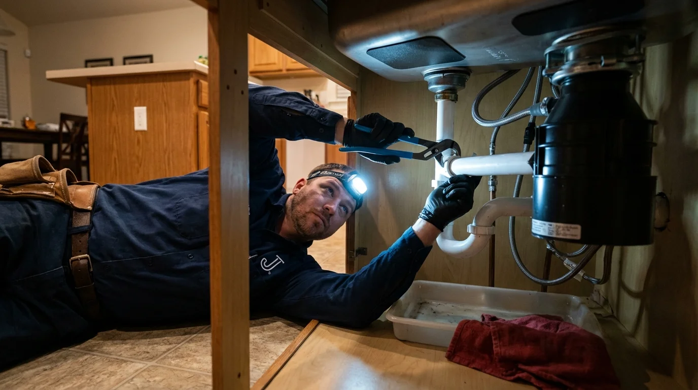 P-trap and supply line connections under a kitchen sink showing a common leak point in Kittanning, PA